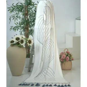 Off-white Linear Wave Dupatta in viscose knit with grey wave line print and tassels, draped for display – Lillithe