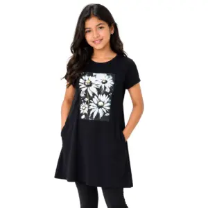 Model wearing Lillithe Essentials black long T-shirt with daisy floral print, paired with black leggings