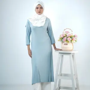 Woman wearing Lillithe Serene Lace-Trim Midi Dress in muted powder blue with V-neck lace detail and 3/4 sleeves, styled with a printed dupatta.