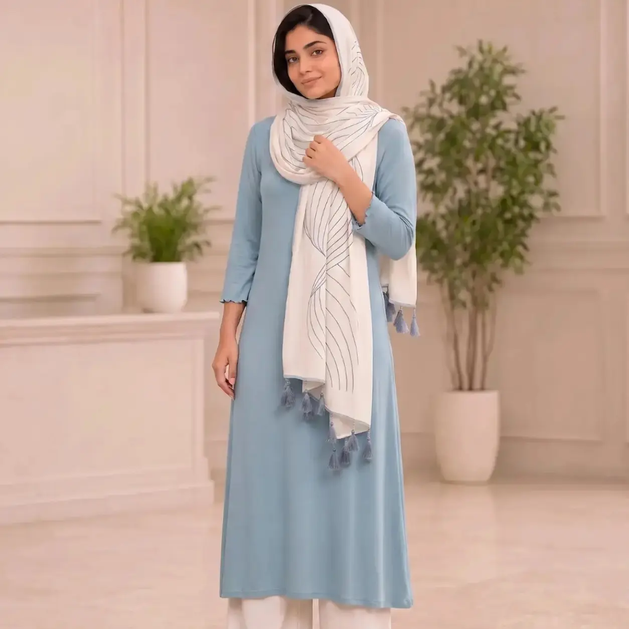 Woman wearing Lillithe Serene Lace-Trim Midi Dress in muted powder blue with V-neck lace detail and 3/4 sleeves, styled with a printed dupatta.
